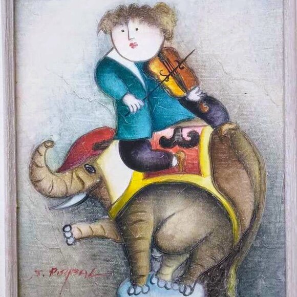 Signed J Roybal Whimsical Violinist on an Elephant Painting Framed - Picture 2 of 11